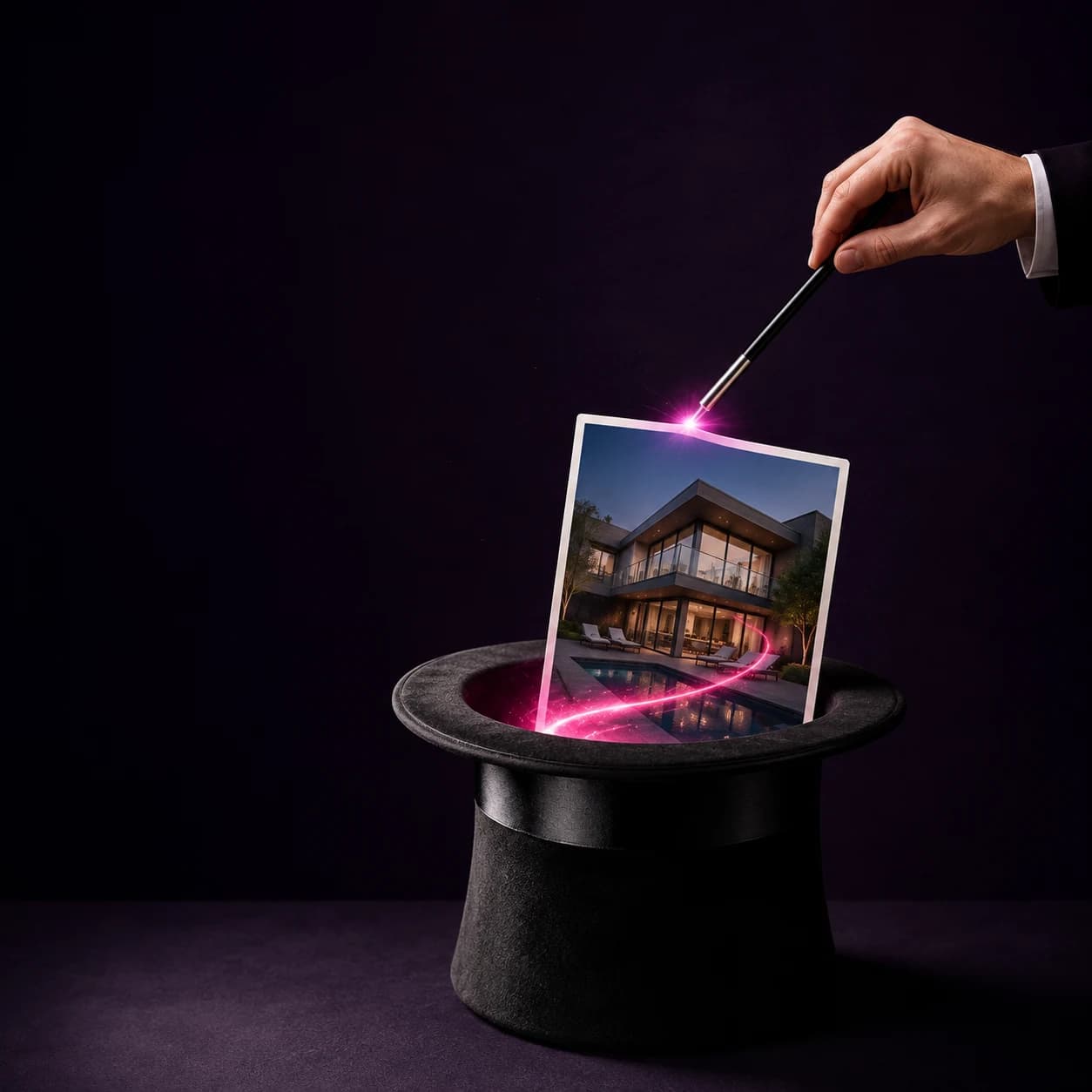 A neutral hand uses a wand to lift a premium listing image from a black top hat