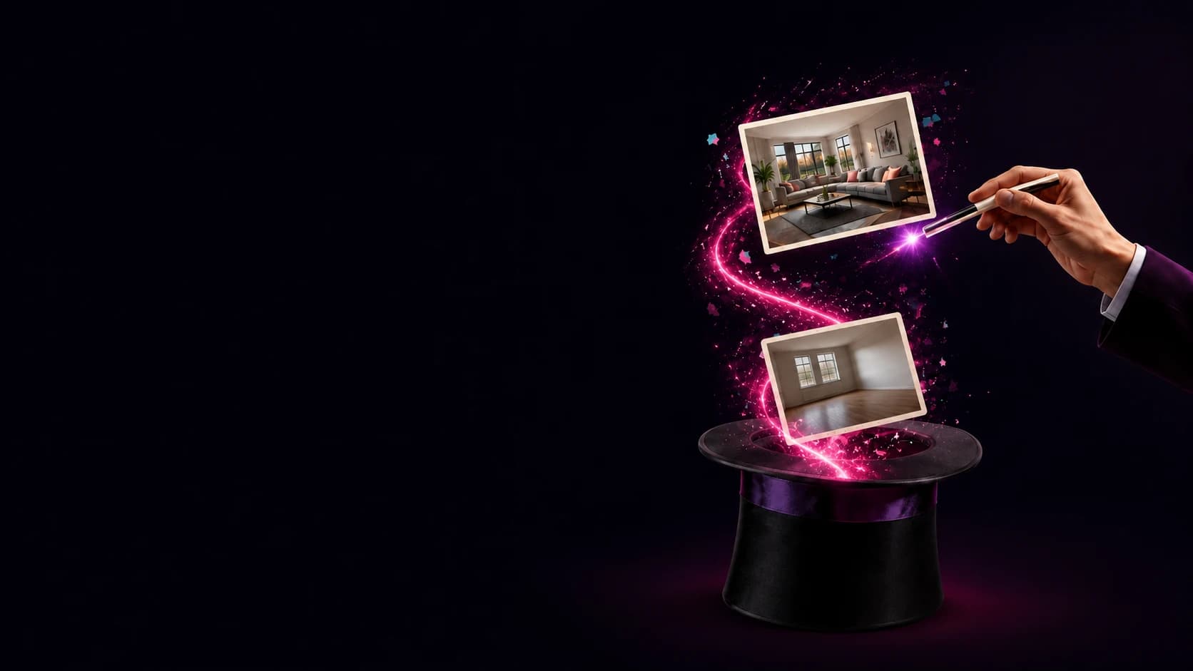 A property photo transforms into a polished staged listing image through a controlled pink sweep