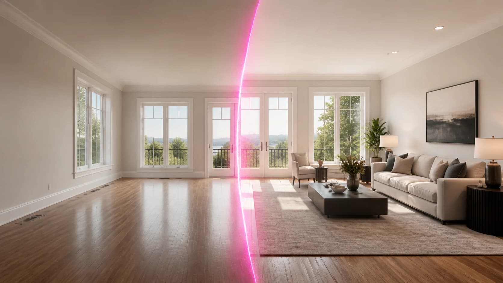 The same living room changes from empty to professionally staged across a pink transformation line