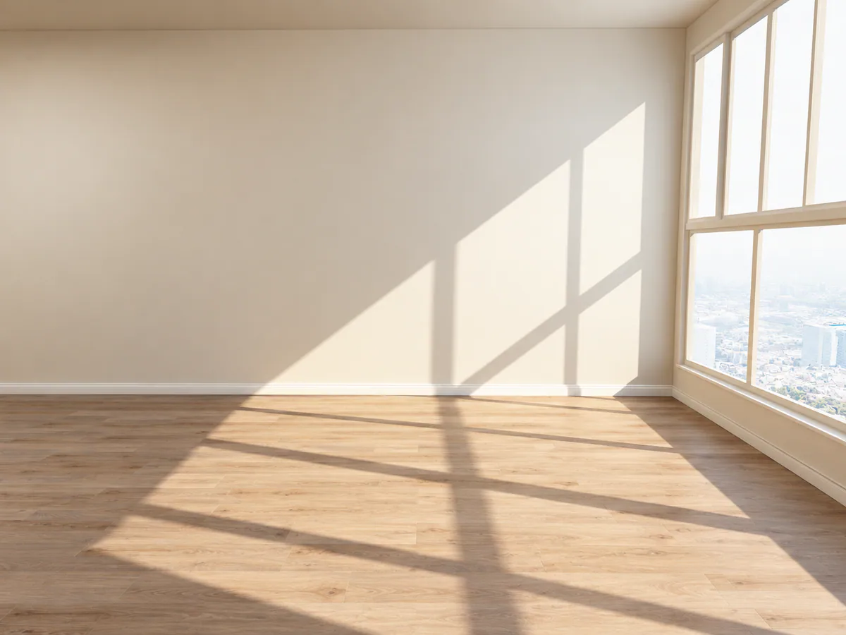 Before: an empty living room with wood floors, bare walls and sunlight through a wall of tall windows over the city
